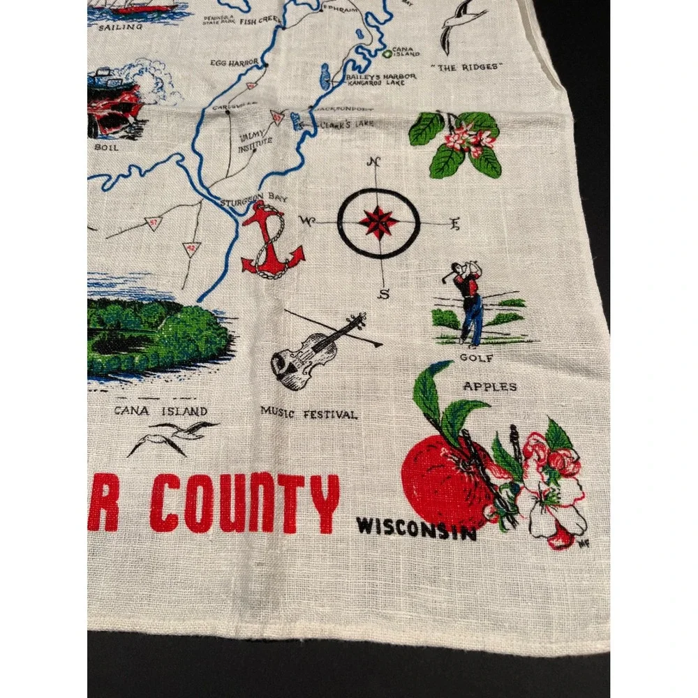 Vintage Door County Wisconsin Souvenir Map Linen Tea Towel Kitchen Decor 15x28